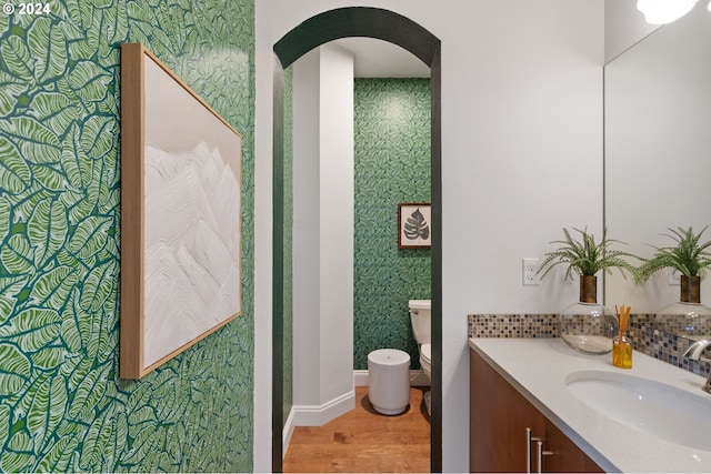 bathroom with wood-type flooring, vanity, and toilet