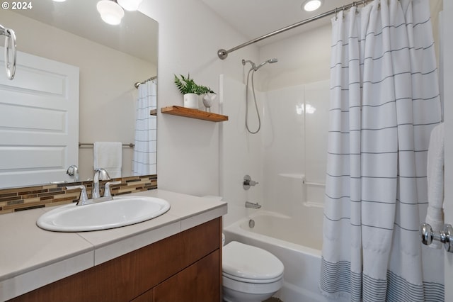 full bathroom with shower / bathtub combination with curtain, decorative backsplash, vanity, and toilet