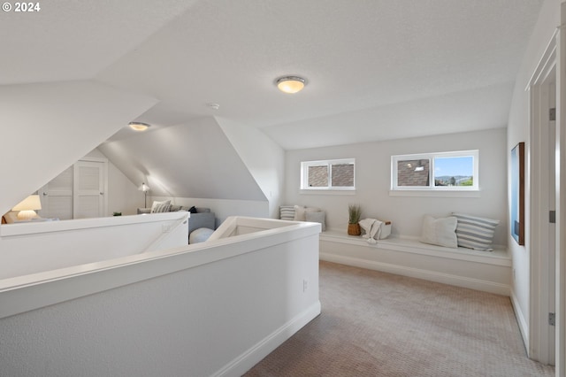 interior space featuring a textured ceiling, carpet, and vaulted ceiling