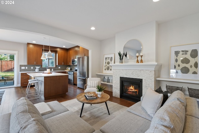 living room with dark hardwood / wood-style floors