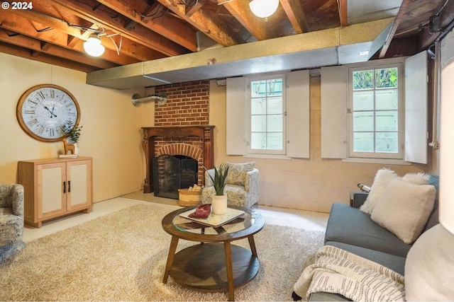 living room with a fireplace