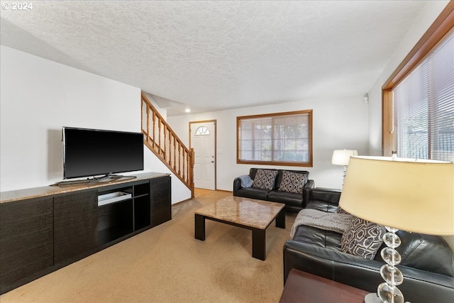 living room with light colored carpet and a textured ceiling