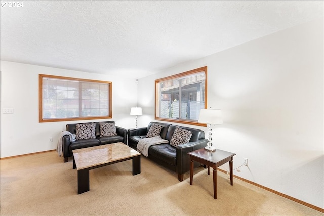 living room with light carpet and a textured ceiling