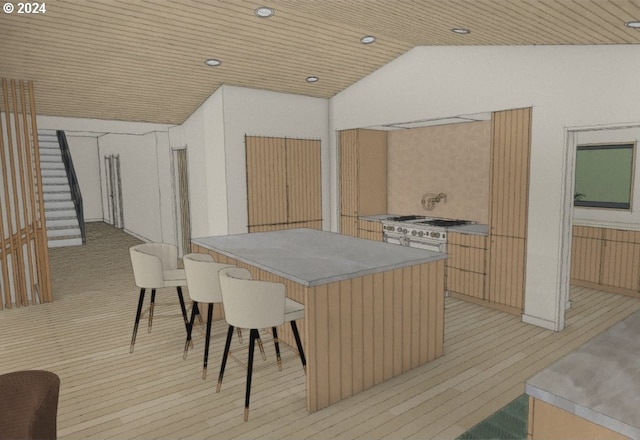 kitchen featuring lofted ceiling, a center island, wood ceiling, and light hardwood / wood-style flooring