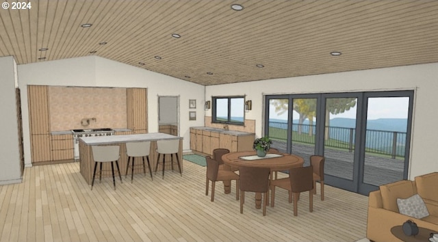 dining space featuring lofted ceiling, wood ceiling, a water view, and light hardwood / wood-style floors