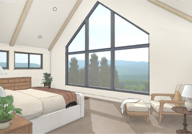 bedroom with beam ceiling, high vaulted ceiling, carpet flooring, and a mountain view