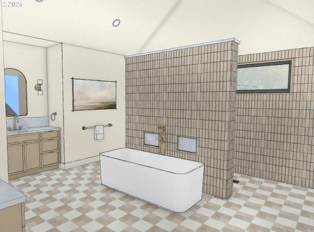 bathroom featuring vanity and lofted ceiling