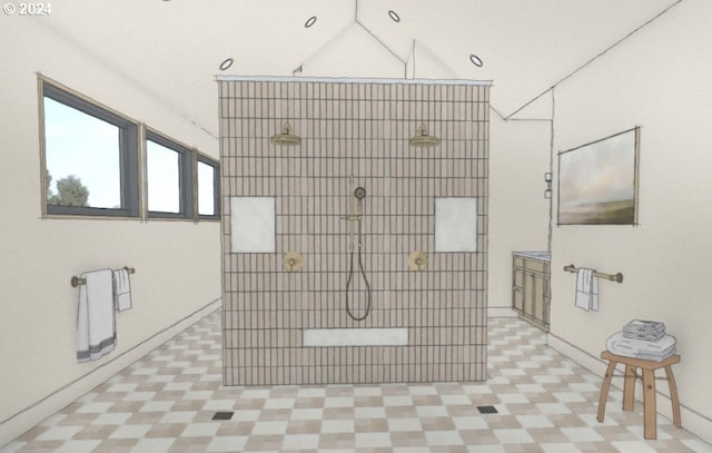 bathroom with lofted ceiling and a shower