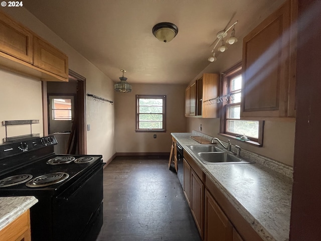 kitchen with sink, black appliances, and dark hardwood / wood-style floors