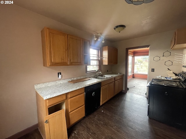 kitchen featuring dark wood-type flooring, sink, and black appliances