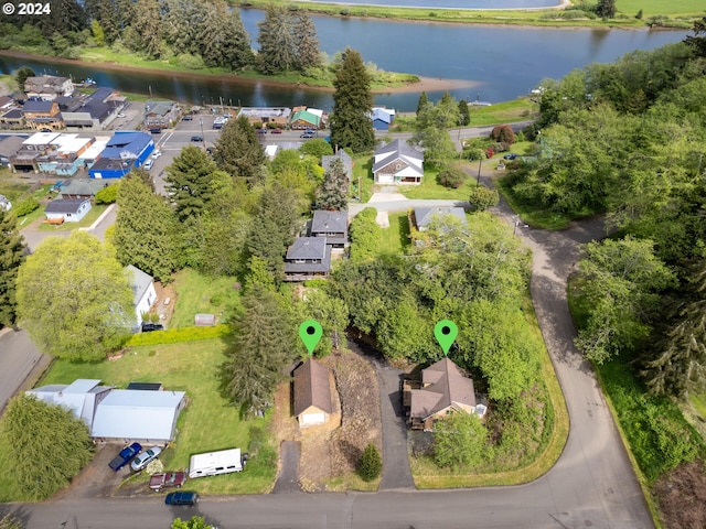 drone / aerial view featuring a water view