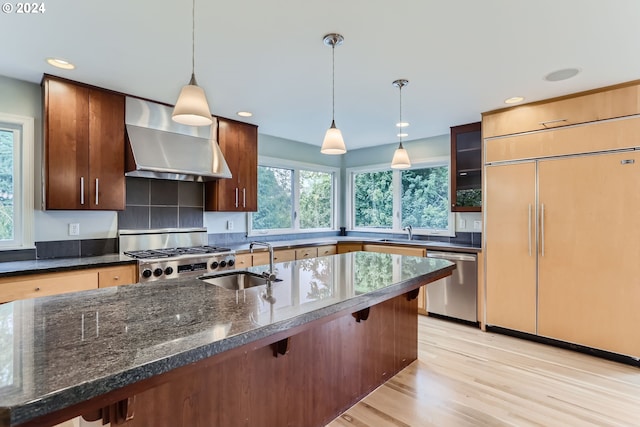 kitchen featuring decorative light fixtures, wall chimney range hood, sink, and appliances with stainless steel finishes