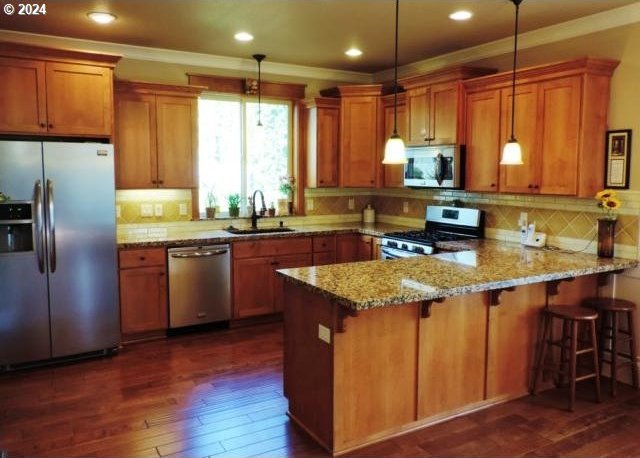 kitchen featuring appliances with stainless steel finishes, dark wood-type flooring, kitchen peninsula, decorative light fixtures, and sink