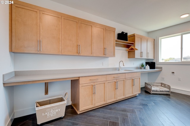 kitchen featuring a sink, light countertops, baseboards, and light brown cabinetry