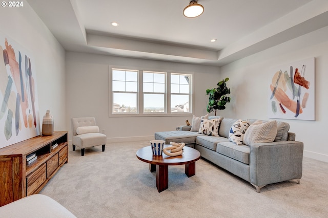 living area featuring baseboards, light carpet, and a raised ceiling