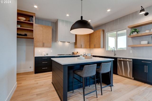 kitchen with dishwasher, open shelves, light countertops, and a kitchen island