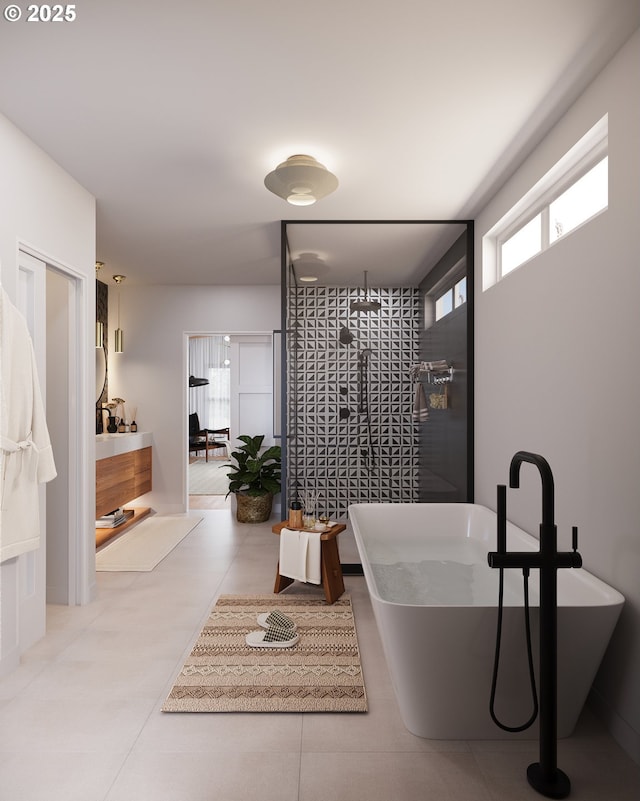 bathroom with tile patterned floors, vanity, and independent shower and bath