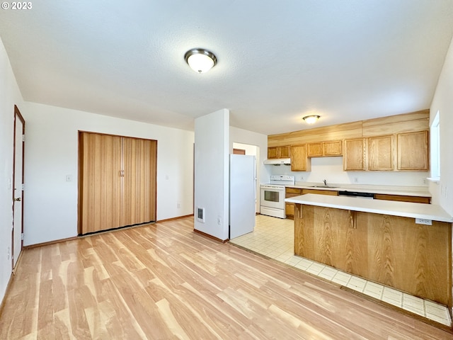 kitchen with white appliances, light hardwood / wood-style floors, sink, and kitchen peninsula