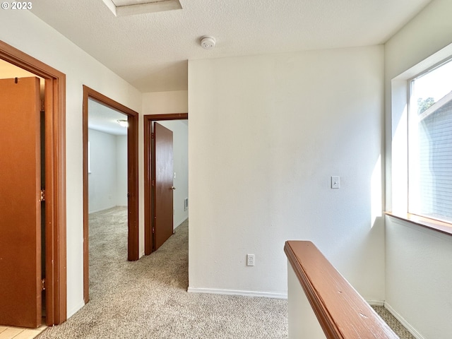 hall featuring light carpet and a textured ceiling