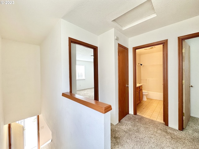 hall featuring light carpet and a textured ceiling