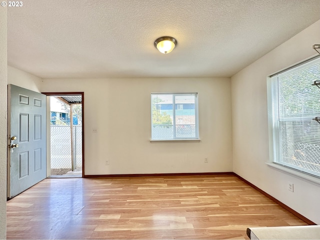 spare room featuring plenty of natural light, light wood-type flooring, and a textured ceiling