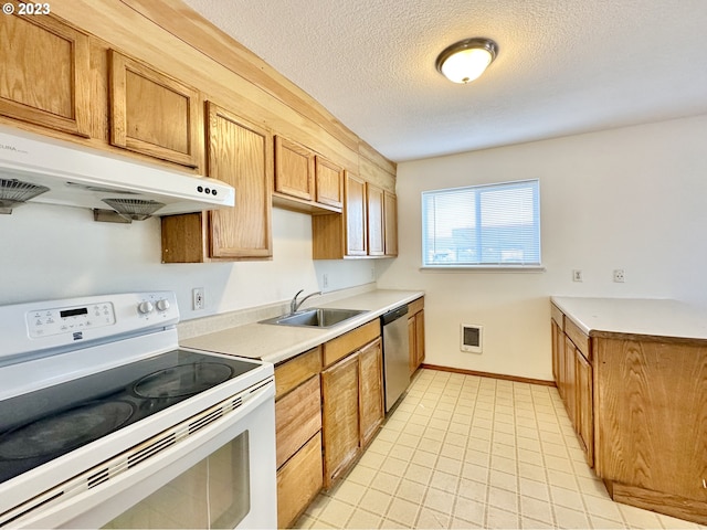 kitchen featuring light tile floors, dishwasher, white range oven, and sink