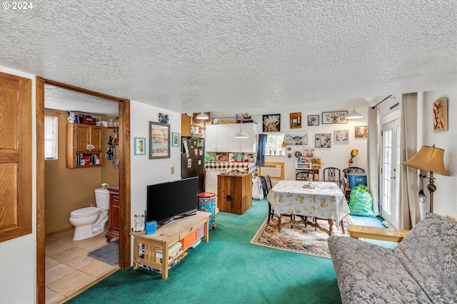 living room featuring plenty of natural light, light carpet, and a textured ceiling