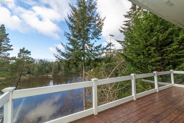 88378 Collard Lake Rd, Florence, OR 97439 - wooden deck featuring a water view and a wooded view