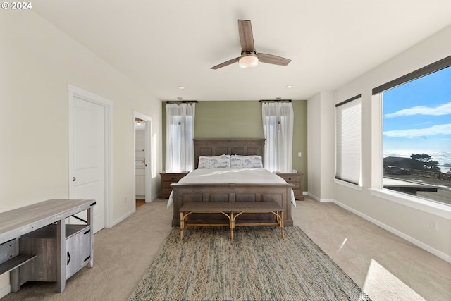 bedroom with baseboards, a ceiling fan, recessed lighting, and light carpet