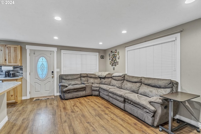 living room with light hardwood / wood-style flooring