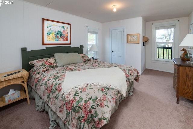 bedroom featuring a closet, multiple windows, and light colored carpet