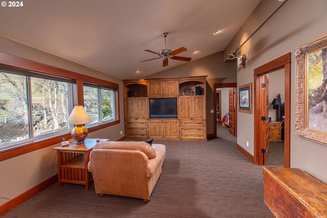 living room featuring ceiling fan, lofted ceiling, and dark carpet