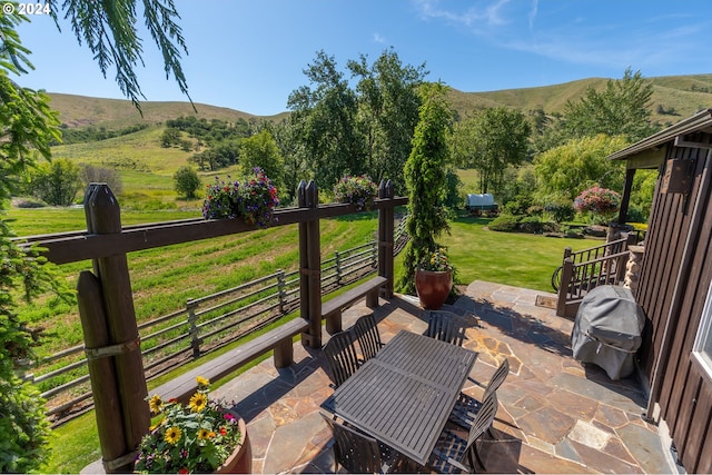 view of patio with a mountain view, a rural view, and grilling area