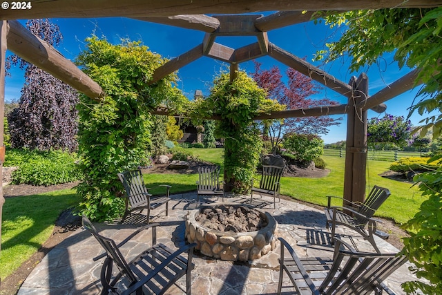 view of patio / terrace featuring an outdoor fire pit