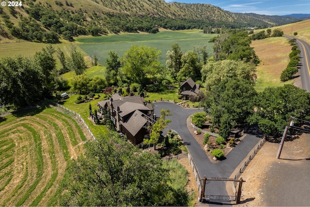 bird's eye view featuring a rural view and a mountain view