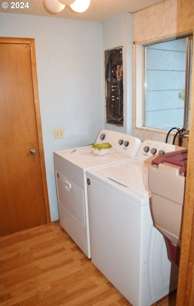 clothes washing area with light wood-type flooring, a textured ceiling, and separate washer and dryer