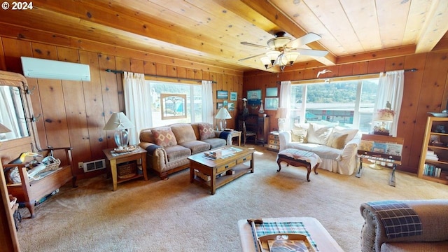 living room with wooden walls, carpet flooring, wood ceiling, a wall mounted air conditioner, and ceiling fan