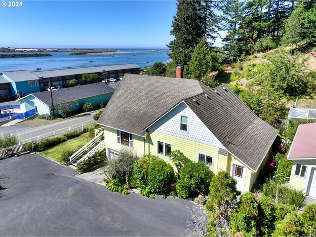 aerial view featuring a water view