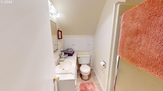 bathroom featuring vanity, toilet, a shower with curtain, and tile patterned flooring