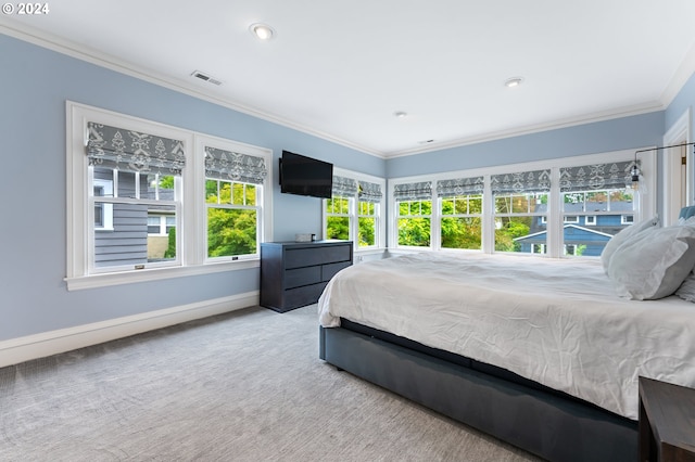 carpeted bedroom featuring crown molding