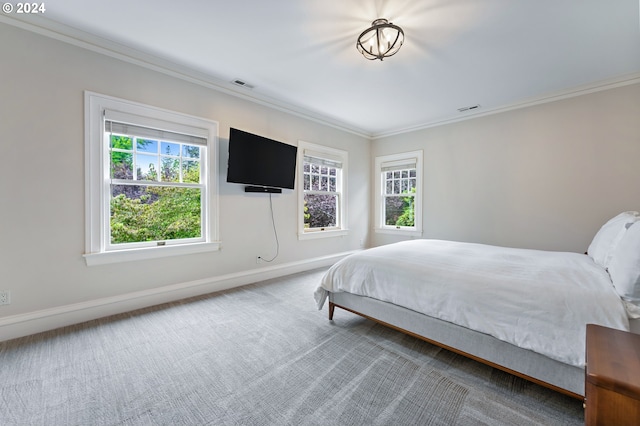 bedroom featuring multiple windows, carpet floors, and ornamental molding