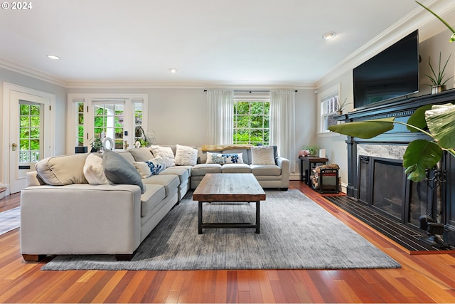 living room with hardwood / wood-style floors, a fireplace, and ornamental molding