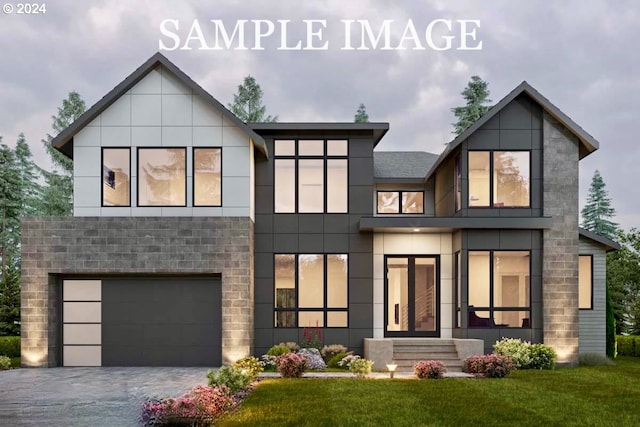 view of front facade with a garage, decorative driveway, stone siding, and a front lawn