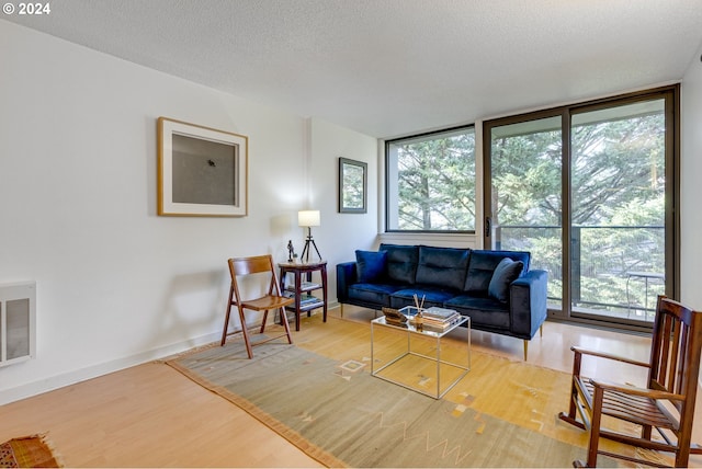 living room with wood-type flooring, a textured ceiling, and plenty of natural light