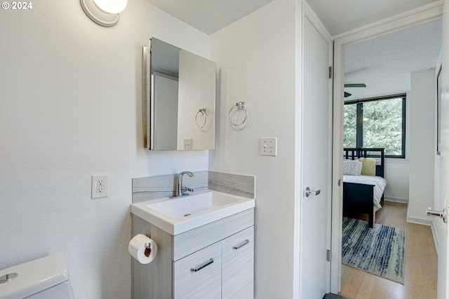 bathroom with vanity, toilet, and wood-type flooring