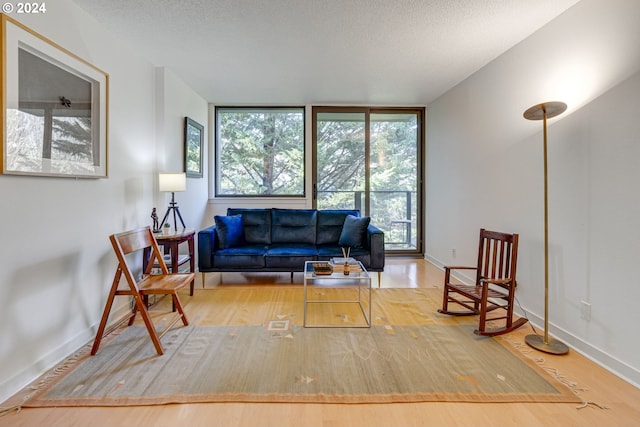 living area featuring wood-type flooring and a textured ceiling