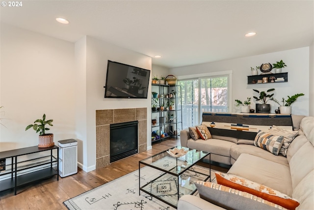 living room featuring wood-type flooring and a fireplace