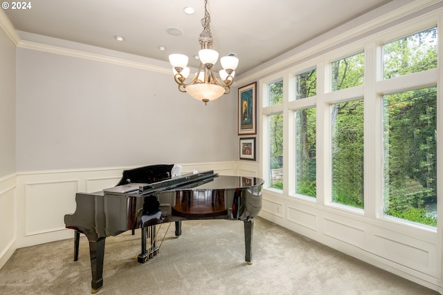 miscellaneous room featuring light colored carpet, a notable chandelier, and crown molding