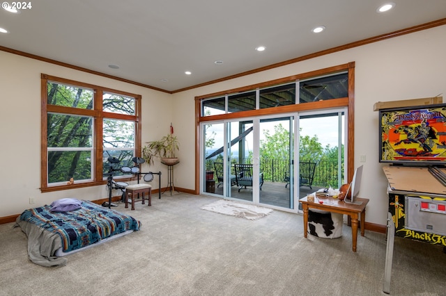 sitting room with ornamental molding, carpet flooring, and a wealth of natural light