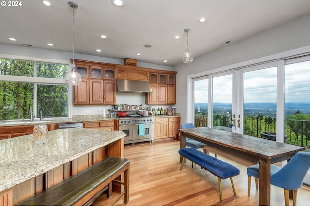 kitchen with wall chimney exhaust hood, a healthy amount of sunlight, stainless steel appliances, and hanging light fixtures